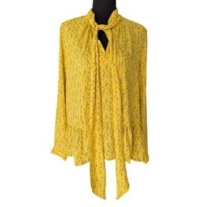 LOFT Yellow Floral Print Tie Neck Peplum Blouse Long Sleeve Women's Size L